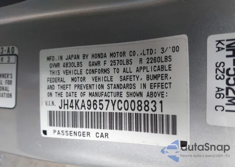 2000 Acura Rl 3.5 from USA, damaged, VIN JH4KA9657YC008831